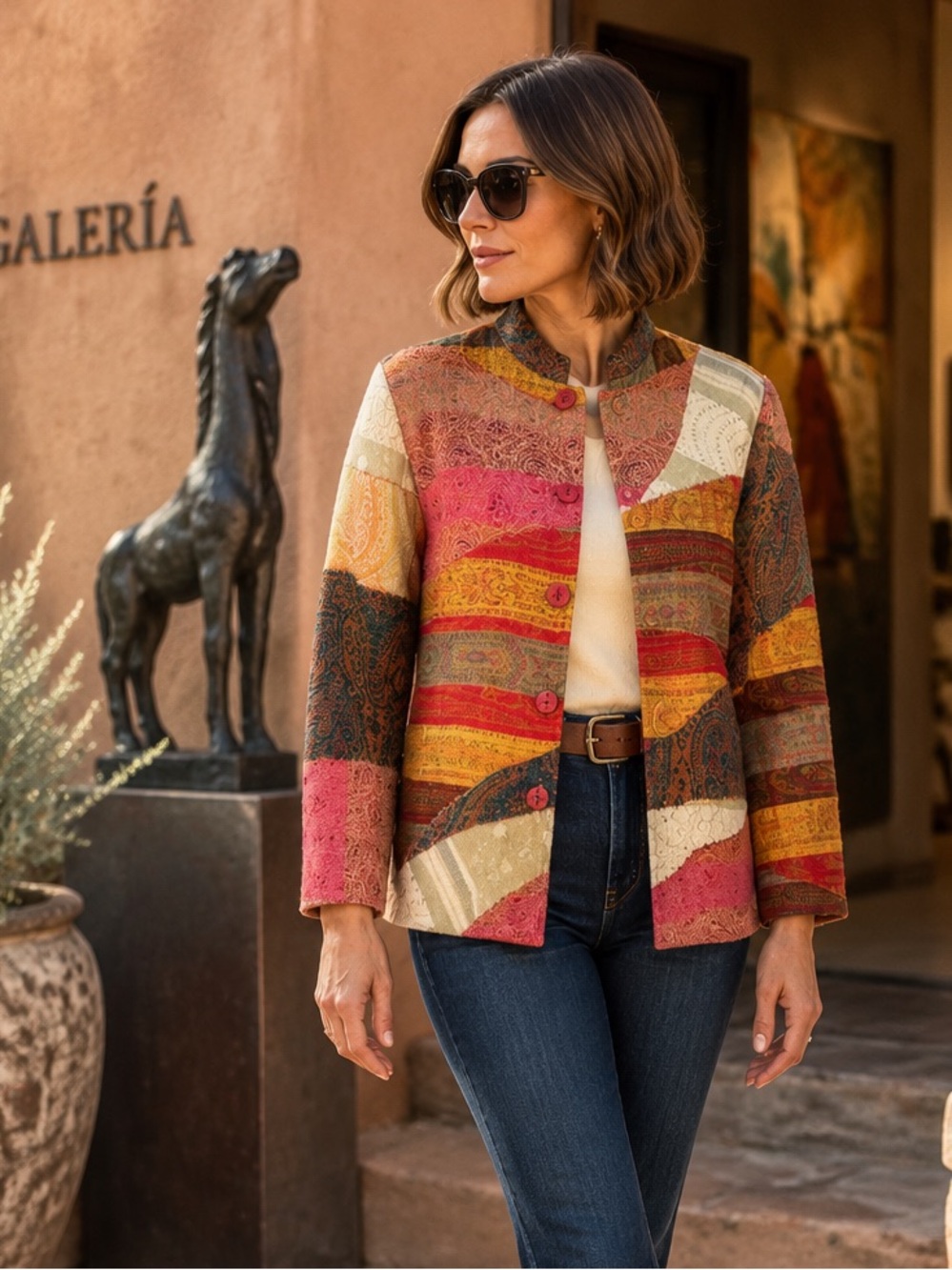 ORVIS Patchwork Southwestern Coastal Cowgirl Wool Mandarin Collar Jacket, M